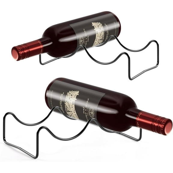 Countertop Wine Rack, 2 Bottles Wine Storage, Metal Wine Holder, Cup and Water Bottle Organizer for Cabinet, Pantry, 2 Pack Black
