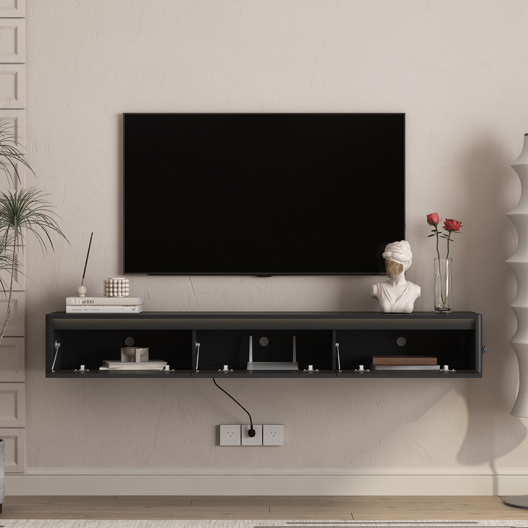 Aukfa Floating TV Stand for TVs up to 75",Wall Mounted TV Shelf High Gloss TV Cabinet with Led Lights & Power Outlet,Black