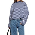 thumbnail image 2 of Womens Striped Long Sleeve Shirts Y2k Oversized Drop Shoulder Sweatshirt Crewneck Color Block Pullover Tops Navy M, 2 of 6