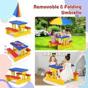 Kids Picnic Table, Toddler Picnic Table with Removable & Foldable Umbrella, Plastic Children Patio Furniture for Garden Backyard, Kids Outdoor Table, Multicolored