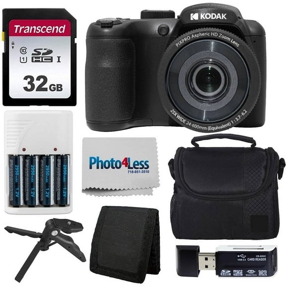 Kodak PIXPRO AZ255 Digital Camera (Black) Bundle with Point & Shoot Camera Case + 32GB SD Memory Card + Rechargeable Batteries & Charger + USB Card Reader + Table Tripod + Accessories
