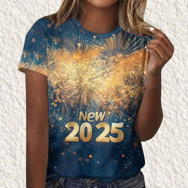 Fiudx Ofertas Flash Del Día Solo En Línea Camiseta de Manga Corta con Cuello Redondo y Estampado de Año Nuevo Informal a La Moda para Mujer
