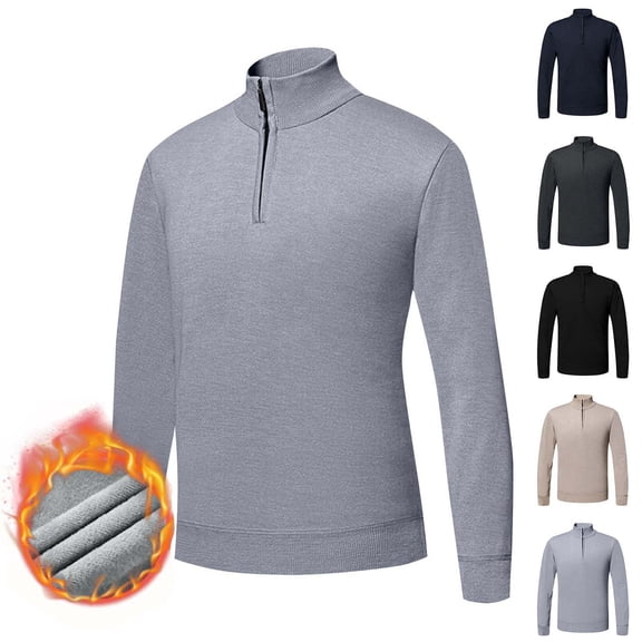RYDCOT Men's Solid Color Quarter Zip Sweater Slim Fit Casual Elastic Knitted Pullover Long Sleeved Mock Neck Plus Plush Shirt Top for Fall Winter Navy