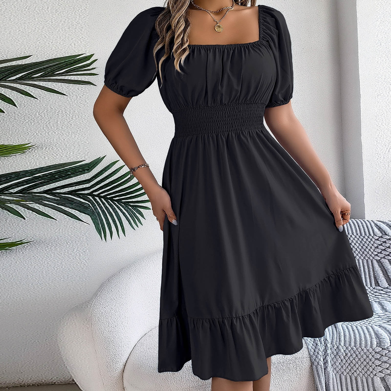 Col Carré Robe Noire Manches Bouffantes Weiqiqre Robe D'Été Courte