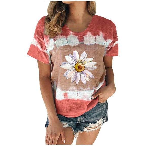 2025 Summer Tops Women Tie Dye Daisy Flower Printed Crew Neck Short Sleeve T-shirts Tshirts Loose Fit (XL, Wine)