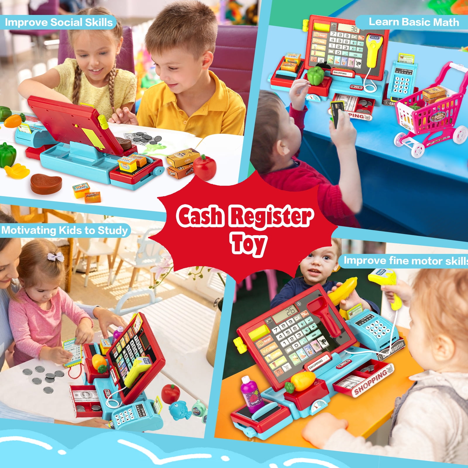 Interactive Kids Cash Register with Real Calculator & Scanner | Pretend Play Store with Music, Food & Shopping Cart | Educational Toy Gift for Ages 3-8 (Red & Blue)