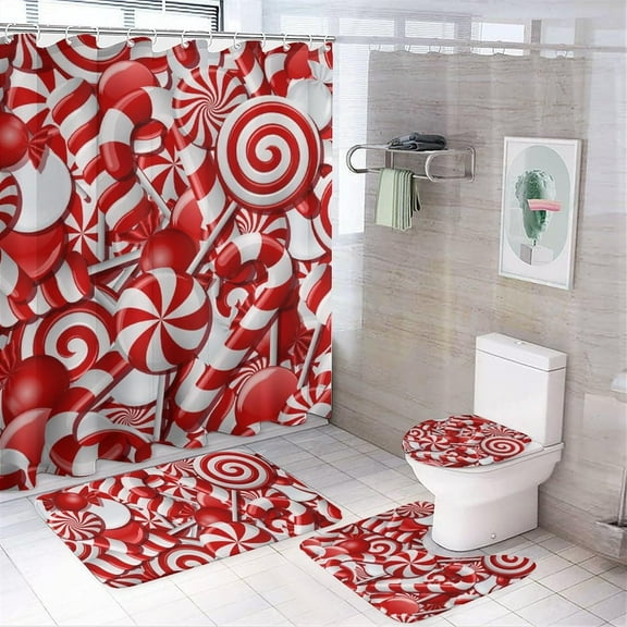 4PCS Shower Curtain with Bathroom Sets and Rugs Christmas Candy Cane Decor Shower Curtain Sets with Non-Slip Rug Toilet Lid Cover U-Shaped Mat with Hooks Xmas Red 72"x72"