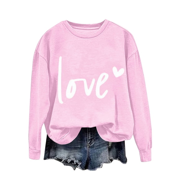 GuzomFashion Valentine's Day Womens Soft Oversized Love Graphic Sweatshirt, Pink Crew Neck Long Sleeve Casual Daily Wear,Size L