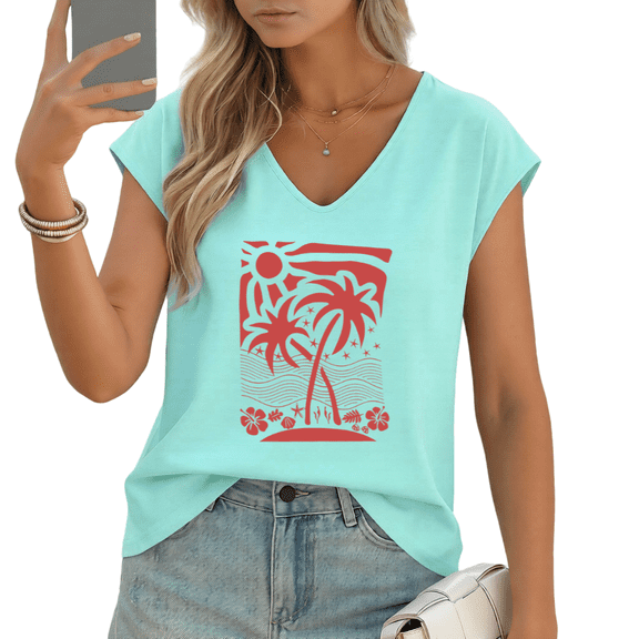 UNISHE Women's Tropical Palm Tree Beach Print V-Neck Sleeveless T-Shirt Breathable Summer Tank Top