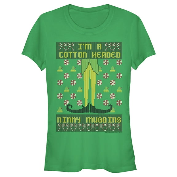 Junior's Elf Pixel Cotton-Headed Ninny Muggins  Graphic Tee Kelly Green Medium