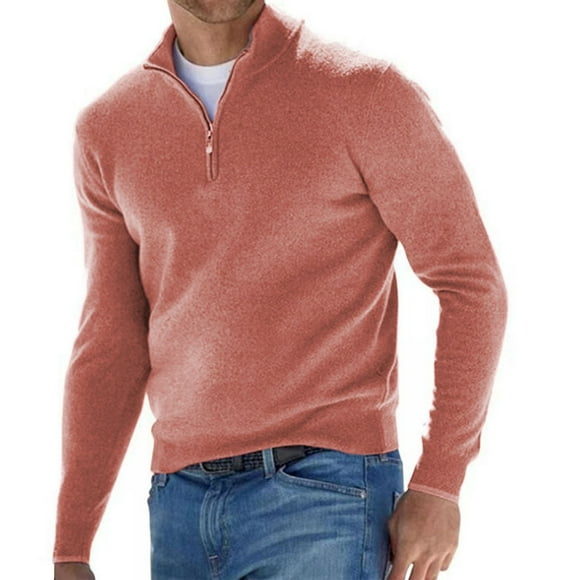 DondPO Mens Shirts Men'S T-Shirts Men's Autumn And Winter Long Sleeved V Neck Fleece Zipper Casual Solid Color Top Long Sleeve Shirts for Men Polo Shirts Pink L
