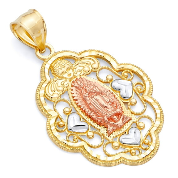 Wellingsale 14k 3 Tri Color White Yellow and Rose Gold Guadalupe Pendant (Size : 40 x 26 mm)
