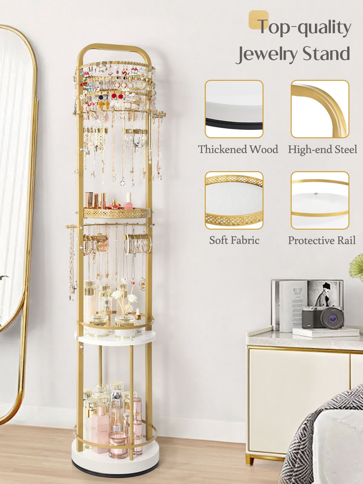 Olakee Rotating Large-Capacity Jewelry Organizer Stand for Earring, Necklace, Bracelet, Ring, Durable Metal & Wood, Girls & Women, Modern, White & Gold