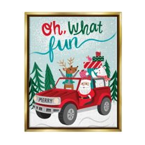Oh What Fun Santa Driving Gifts Holiday Graphic Art Metallic Gold Framed Art Print Wall Art