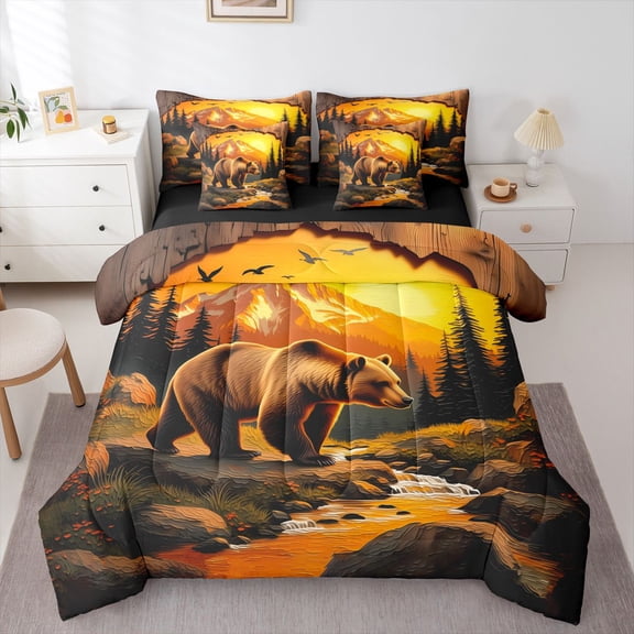 Manfei Sunset Mountain 7-Piece Twin Bedding,Safari Bear Bedding Comforter Set,Golden,Black Reversible