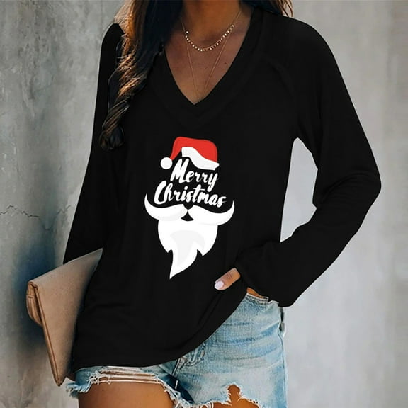 Aloohaidyvio Christmas Hoodies,Women Casual V- Neck Christmas Printed Long-Sleeved T-Shirt