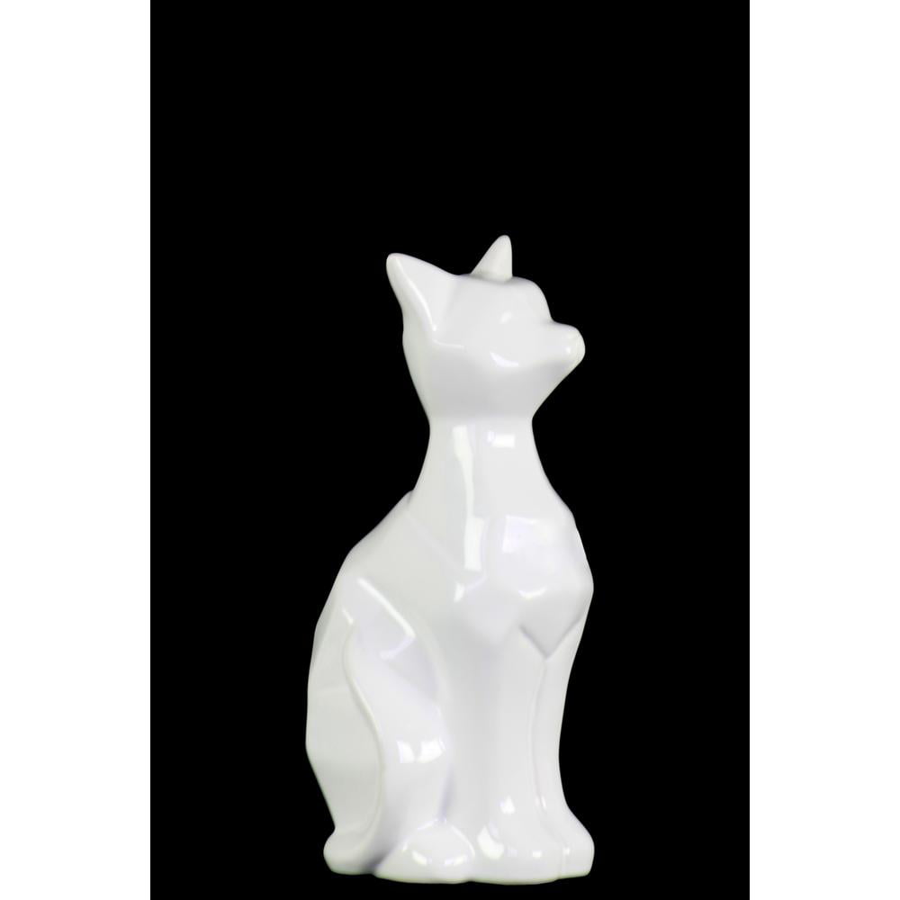 6.5 Inch White Porcelain Cat Sitting Lifting Right Paw Looking Left