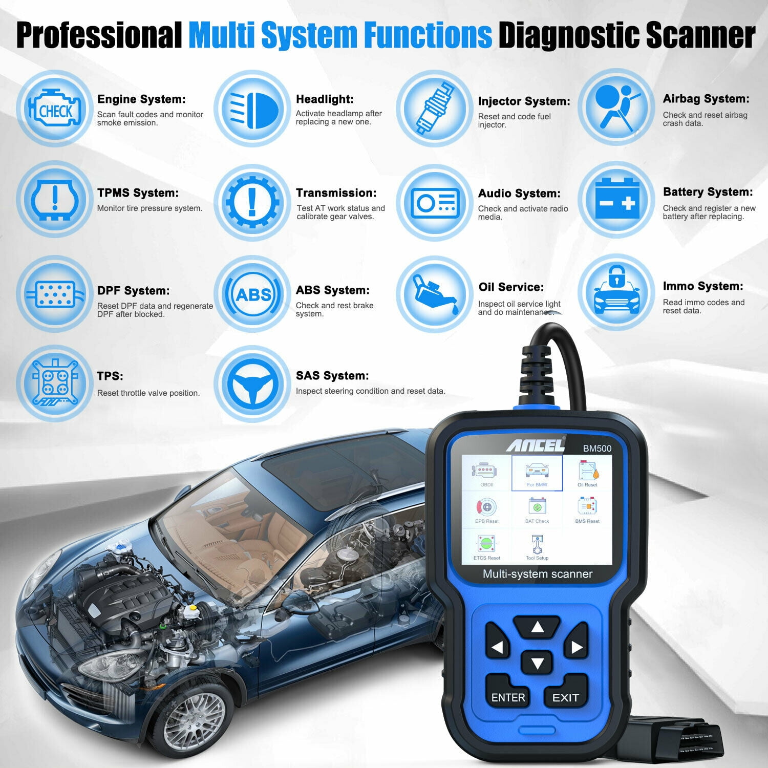 For Bmw Mini Ancel Bm500 All System Obd2 Scanner Car Diagnostic Scan Tool For Engine Abs Srs Esp Sas Tcm 4wd Immo Systems With Battery Registration With Cbs Epb Etc Bms Pcm