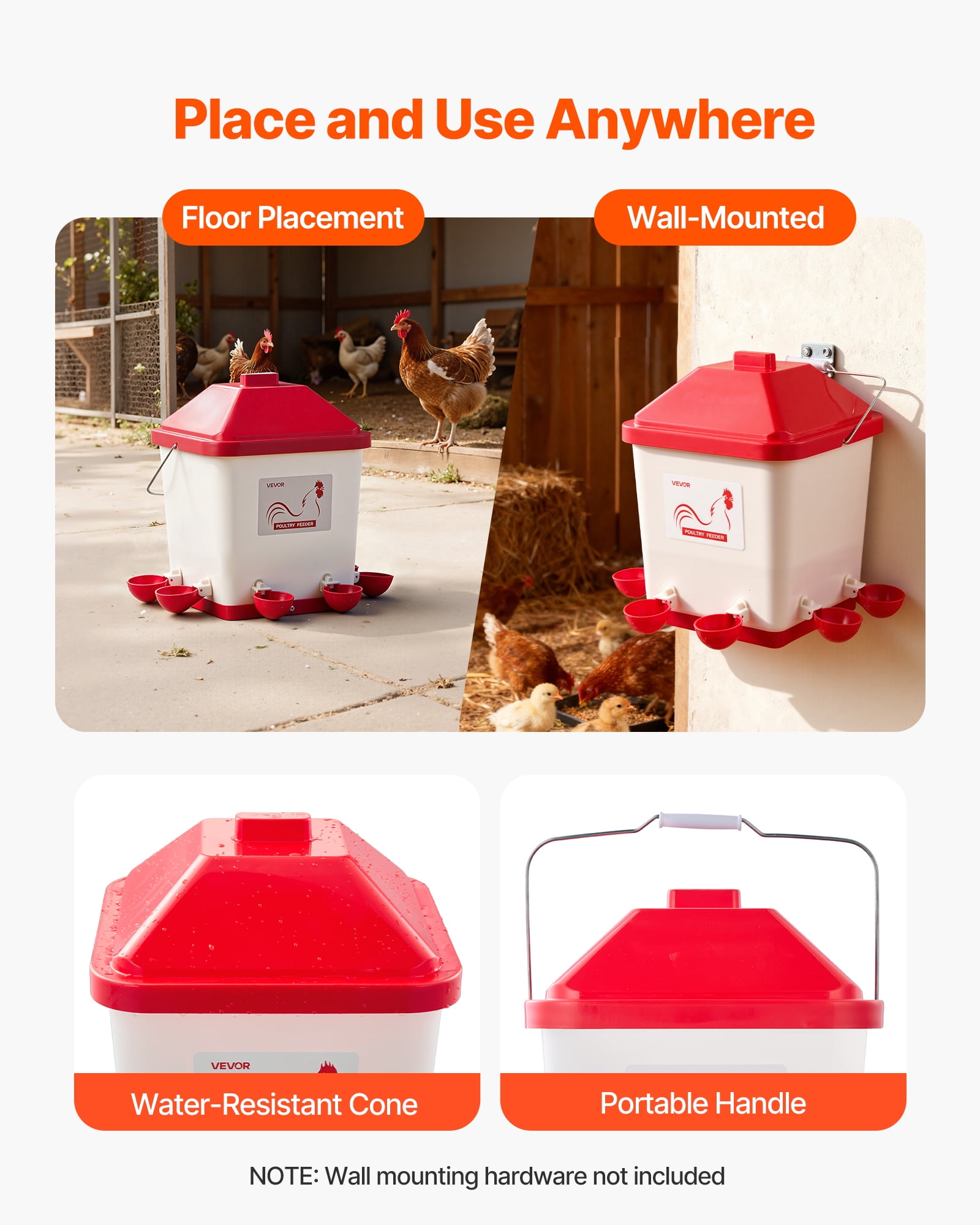 VEVOR 5 Gallon Automatic Chicken Waterer, 6 Water Ports, Automatic-Fill Water Cup, Automatic Gravity Waterer with Handle & Sealed Rubber Ring, Waterproof PP Material, No Waste Design, for Chicken
