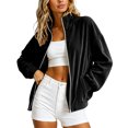 thumbnail image 6 of Smupbvky Womens Velour Zip Up Bomber Coat Stand Collar Long Sleeve Oversized Jacket Fall Winter Casual with Pockets (M, Black), 6 of 8