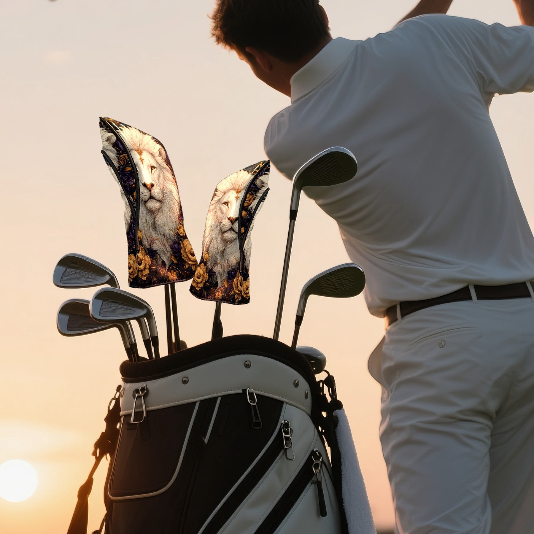 Golf Club Covers PU Leather Waterproof Head Covers for Fairway Woods Hybrids Embroidered White Lion Unisex Fits Most Brands