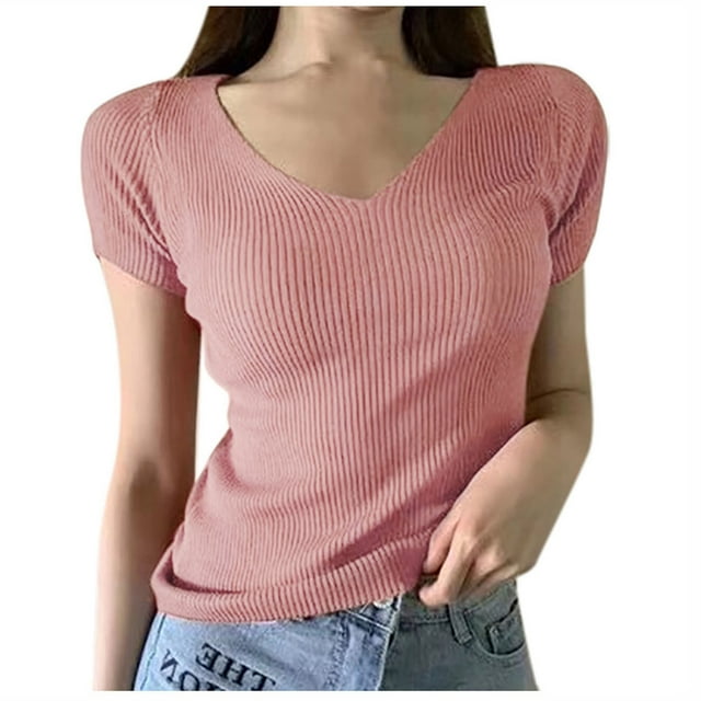 Hauts à Manches Courtes pour Femmes Aguichant Mode Femmes Tricoté Col en V Manches Courtes Dames Haut Uni T-Shirt T-Shirt pour Femmes Hauts Aguichant pour Femmes Hauts Aguichant Femmes Hauts Mode