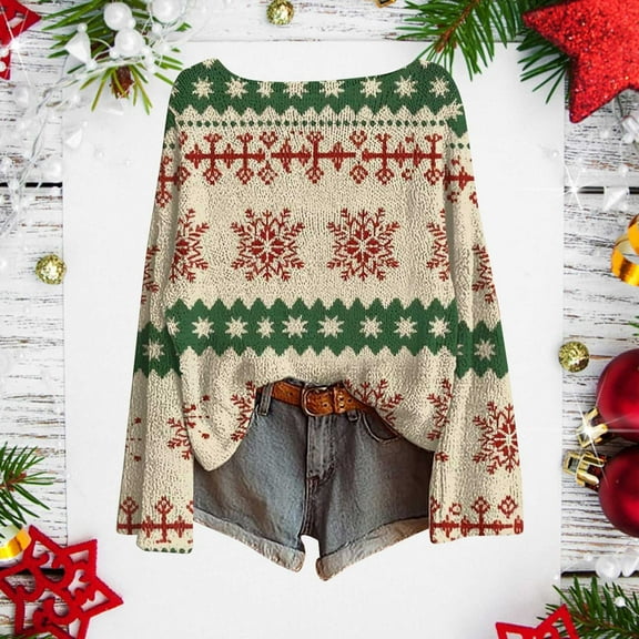 Sakmal Plus Size Sweaters Women Cotton Christmas Ugly Snowflakes Print Knit Crew Neck Womens Sweater L