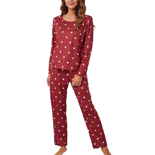 3pcs Set Casual Polka Dot Round Neck PJ Pant Sets Long Sleeve Burgundy