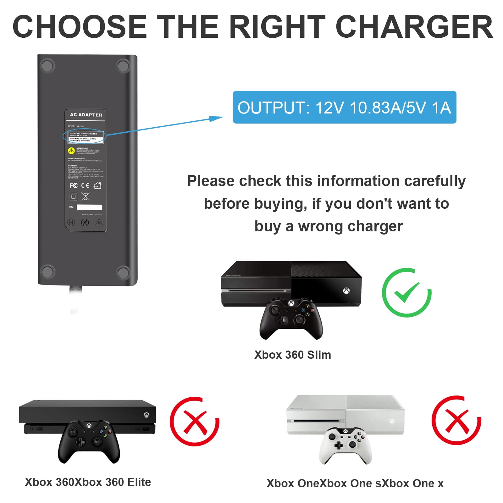AC Adapter for Xbox 360 Slim, Power Supply with Cord Replacement Charger Power Brick for Xbox 360 Slim Auto Voltage Low Noise Version