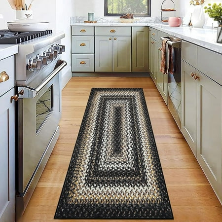 Homhougo 2x6 Washable Boho Entryway Rug, Non-Slip, Low Pile, Faux Wool Distressed Area Rug, Small Throw Carpet for Kitchen, Bathroom, Indoor Door Mat, Black
