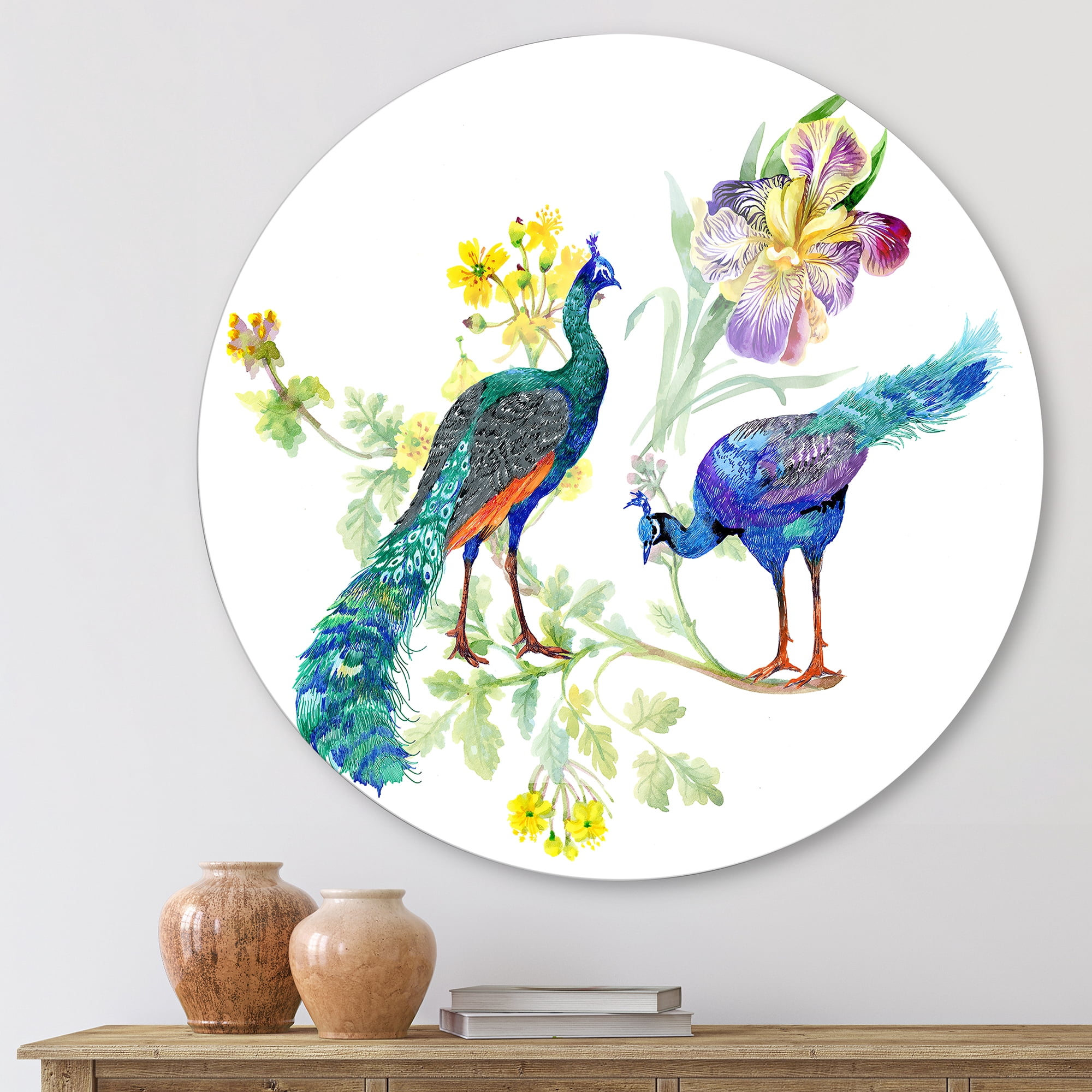 Designart 'Iris Flowers and Peacocks' Traditional Circle Metal Wall Art 23x23 - Disc of 23