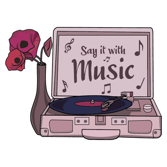 Say It With Music Beautiful Quotation Artwork Design for Living Room Vinyl Wall Decal - Phonograph or Gramophone with a Vinyl Record Beside a Flower Aesthetic and Retro Design for Relaxing Bedroom Wal