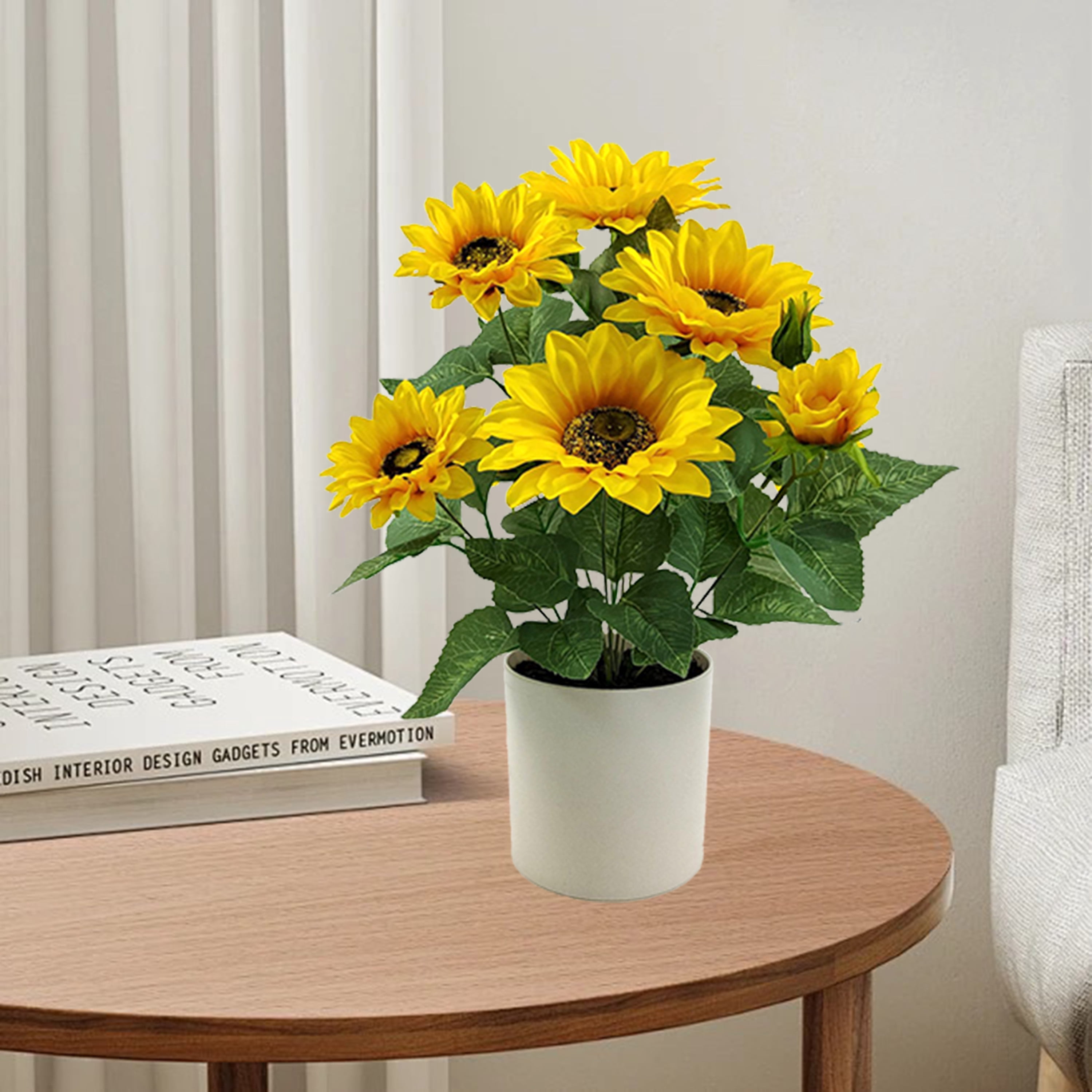 Mainstays Indoor 15 in Artificial Polyester Sunflower in Plastic White Pot, Yellow Color.