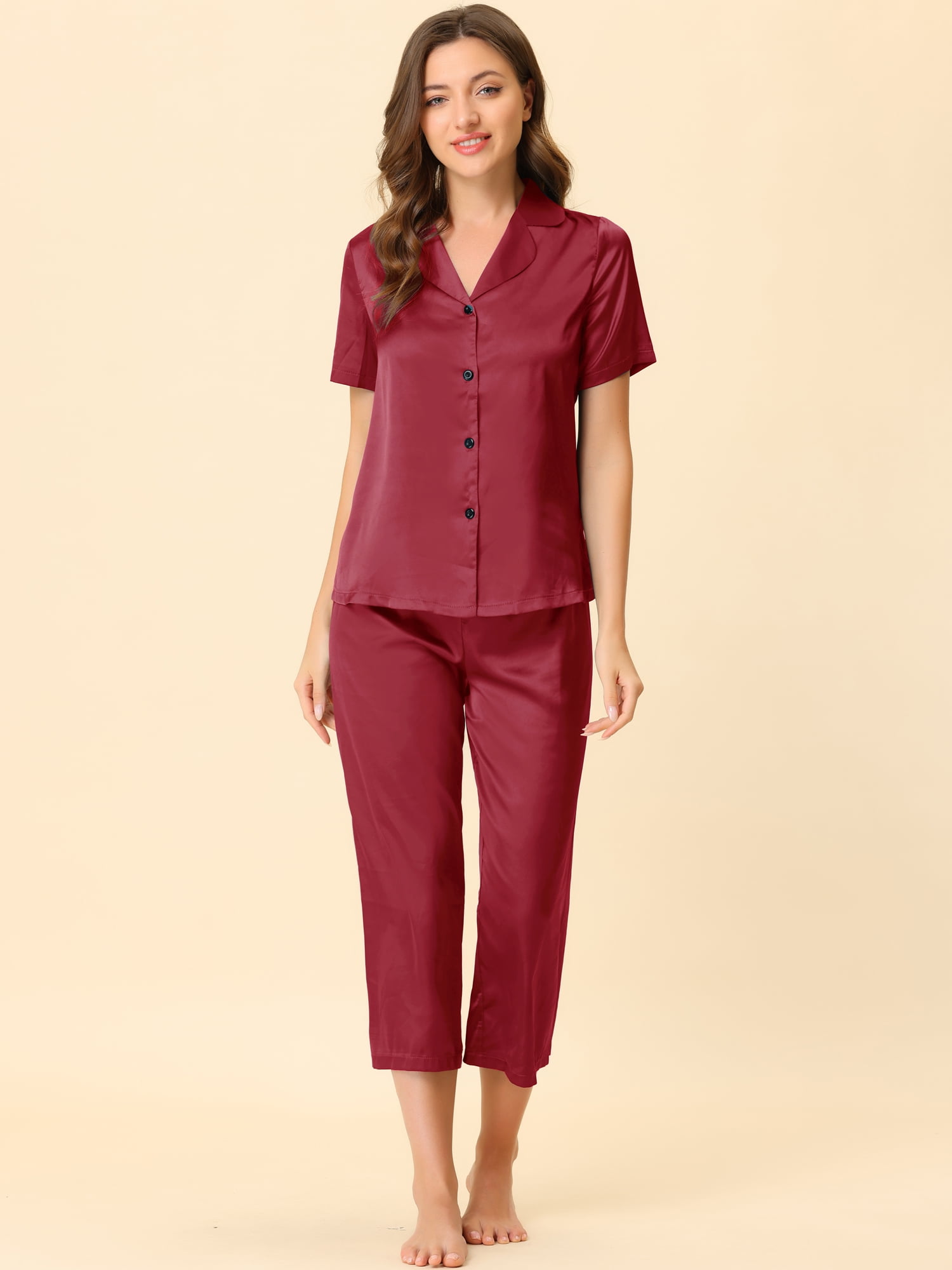 DARING DIVA Women's Satin Button Down Pajamas Sets S Wine Red