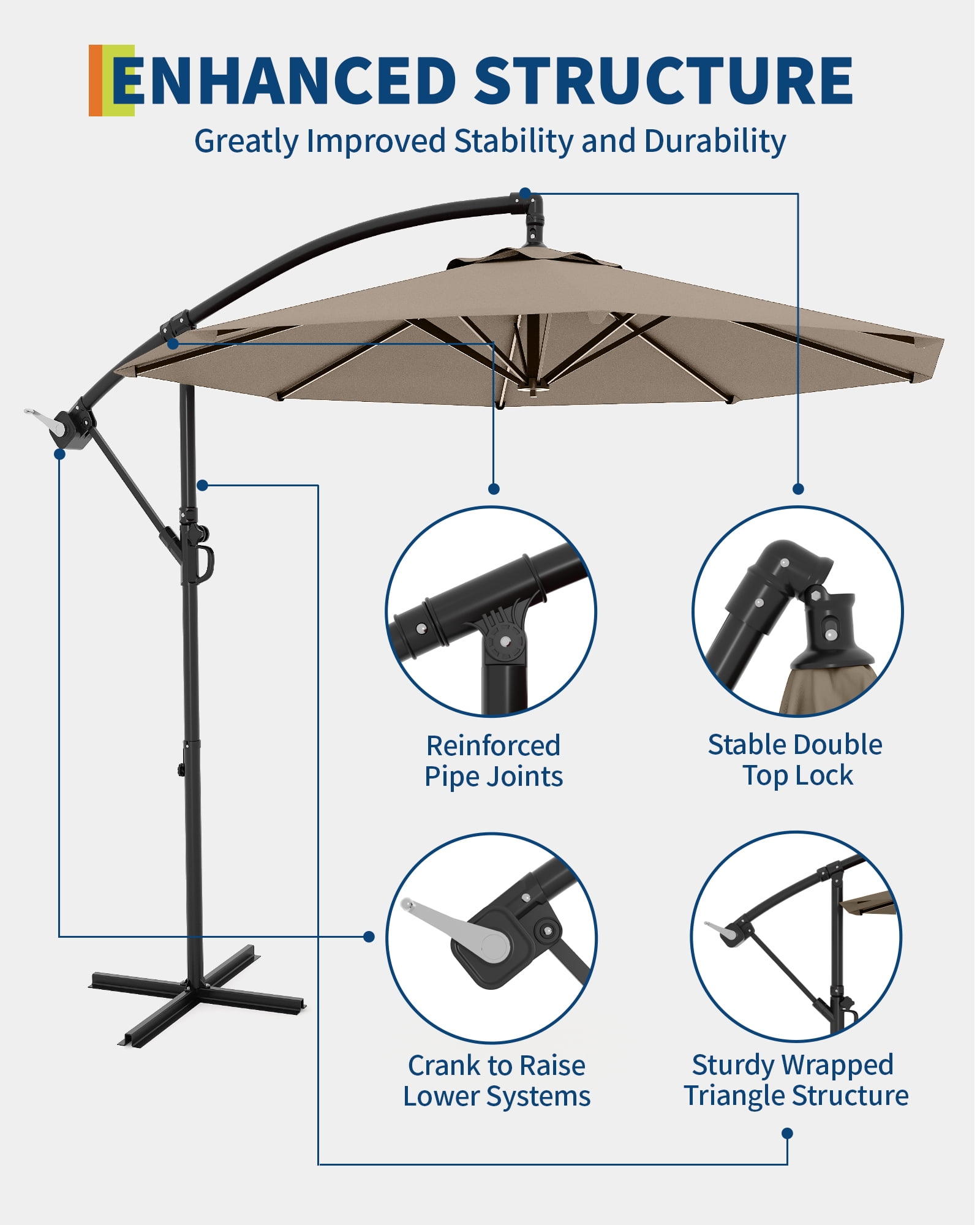 10FT Offset Cantilever Patio Umbrella with Cross Base, Large Outdoor Umbrella with Infinite Tilt & Crank Lift, UPF 50+ Fade-Resistant Fabric, Vented Canopy for Garden, Deck, Backyard