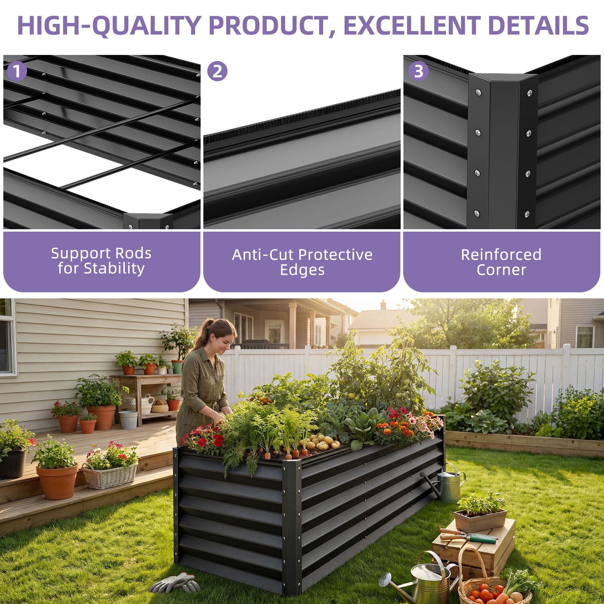 Uforic 8x4x3ft Large Galvanized Metal Raised Garden Bed Kit with Gloves, Support Rod & Safety Rubber, Outdoor Above Ground Planters for Plants Vegetables Flowers, Black
