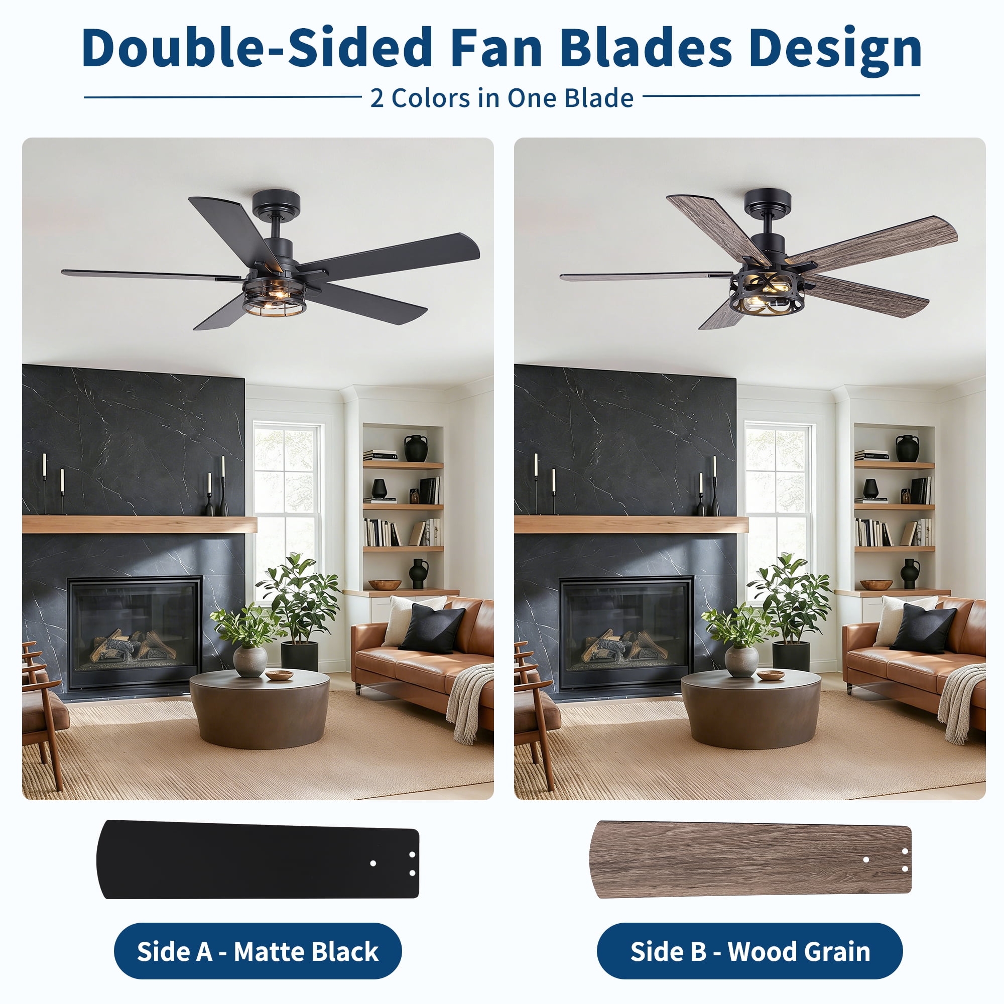 Leumius 52" Modern Farmhouse Industrial Ceiling Fan with Light, Reversible DC Motor, 6‑Speed Timer Remote, Metal Cage, E12 Compatible, Bulbs Not Included for Living Room Bedroom