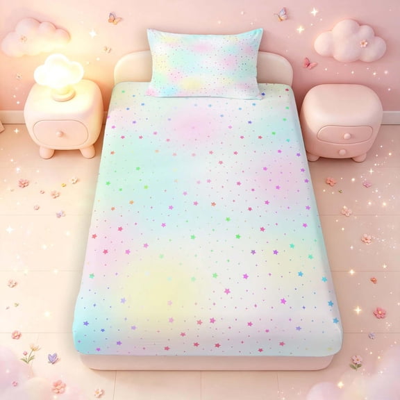 Manfei Cute Watercolor Stars Twin Fitted Sheet,Sprinkle Print Bedding,Multicolor,2-Piece