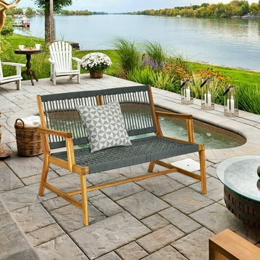 Gymax Wooden Rope Bench Loveseat Patio Garden Outdoor w/ Armrest & Backrest
