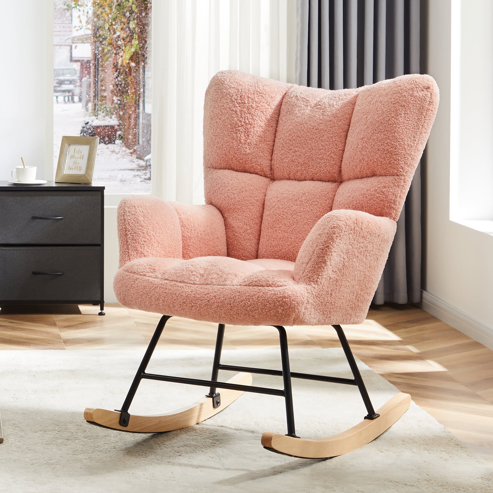 GIANNA Rocking Chair, with Wing Backrest Wide Armrest, Comfortable Nursery Bedroom Furniture, Pink
