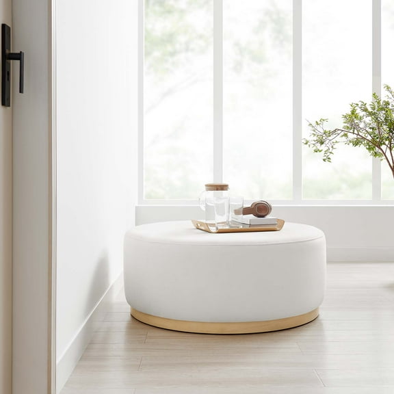 Modway Tilden Large 38" Round Performance Velvet Upholstered Ottoman in Alabaster Natural