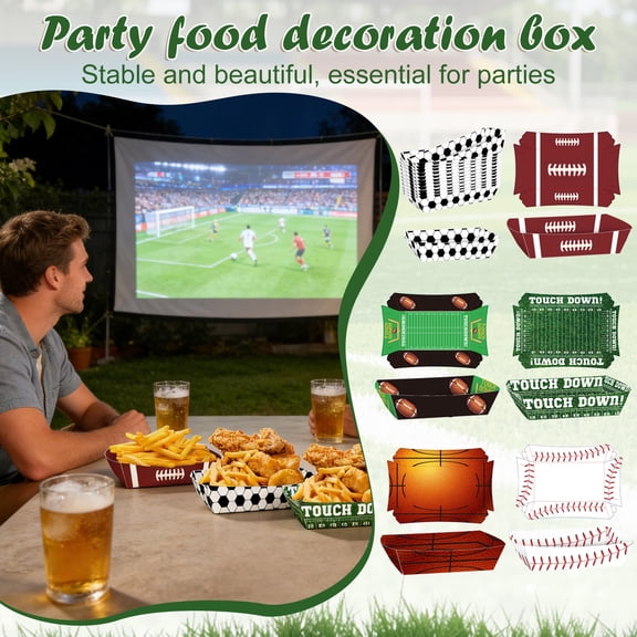 12-Count Disposable Food Trays, Sports Themed Paper Food Boats with Football, Basketball & Baseball designs, Party Serving Trays and Platters for Sports & Outdoor Gatherings,