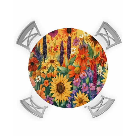 nqOlkjepod Colorful Flowers Round Tablecloth, Fitted Table Cover with Elastic for 55"-60" Round Tables, Farmhouse Sunflower Daisy Table Cloth Outdoor Indoor Dinning Party Waterproof Tablecloths