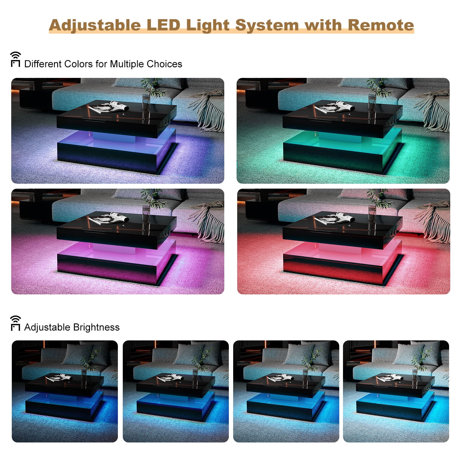 Hironpal Sturdy LED Coffee Table, 2-Tier Square Coffee Table High Gloss Minimalist Design with Plug-in 16-Color LED Light for Home Office Reception Room, Black