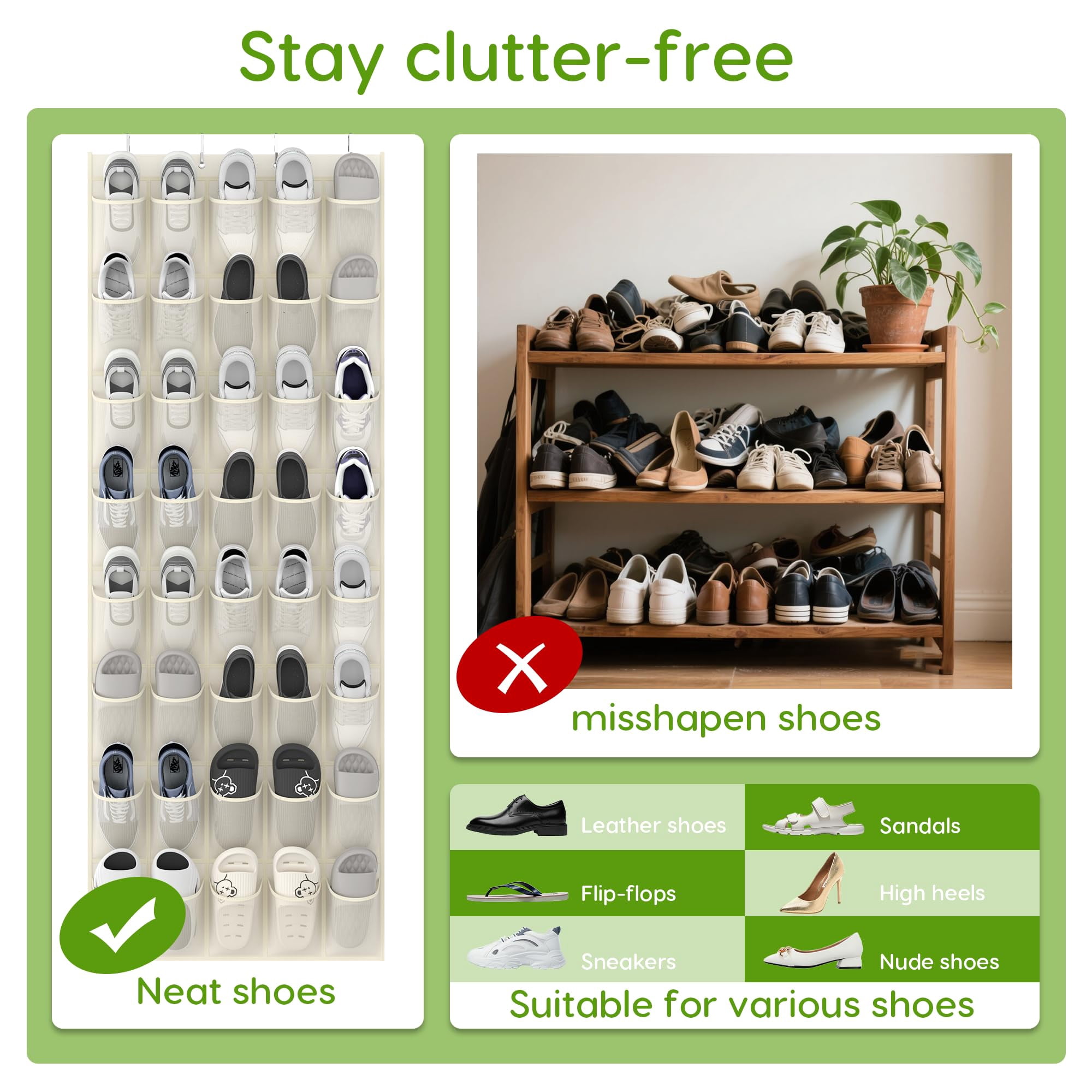 Over the Door Shoe Organizer with 40 Pockets, 18 Travel Shoe Bags & 1 Washing Bag, Hanging Shoe Rack with Breathable Mesh
