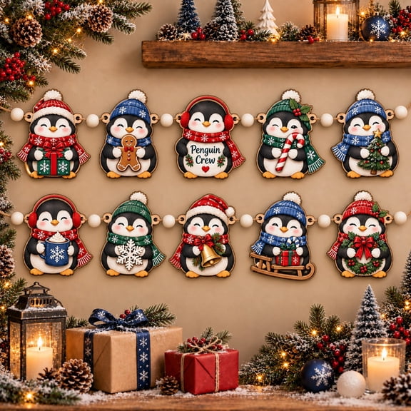 Garland, Christmas Penguin Crew Wooden Mantel Decoration, 2026 Holiday Gift for Flightless Bird Fans