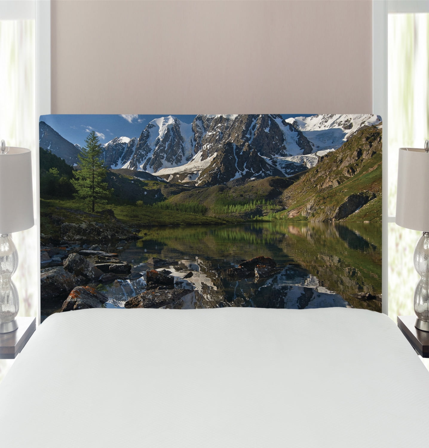 Mountain Range Headboard, Pastoral Nature Snowy Alps Peaks with Lake ...