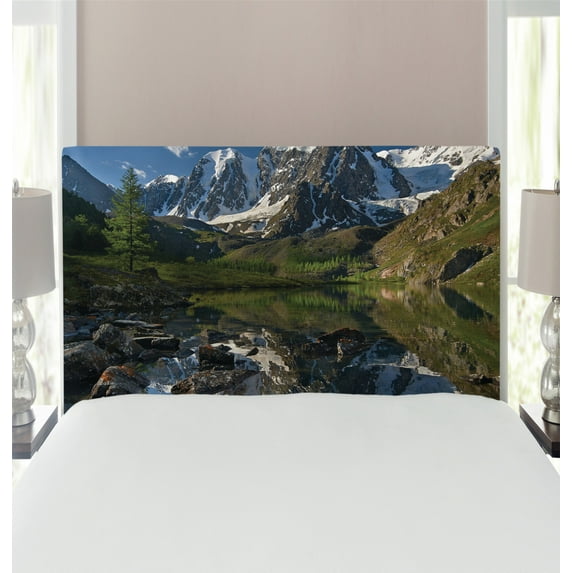 Mountain Range Headboard, Pastoral Nature Snowy Alps Peaks with Lake Creek River Idyllic Spring Scene, Upholstered Decorative Metal Bed Headboard with Memory Foam, Twin Size, Green White, by Ambesonne