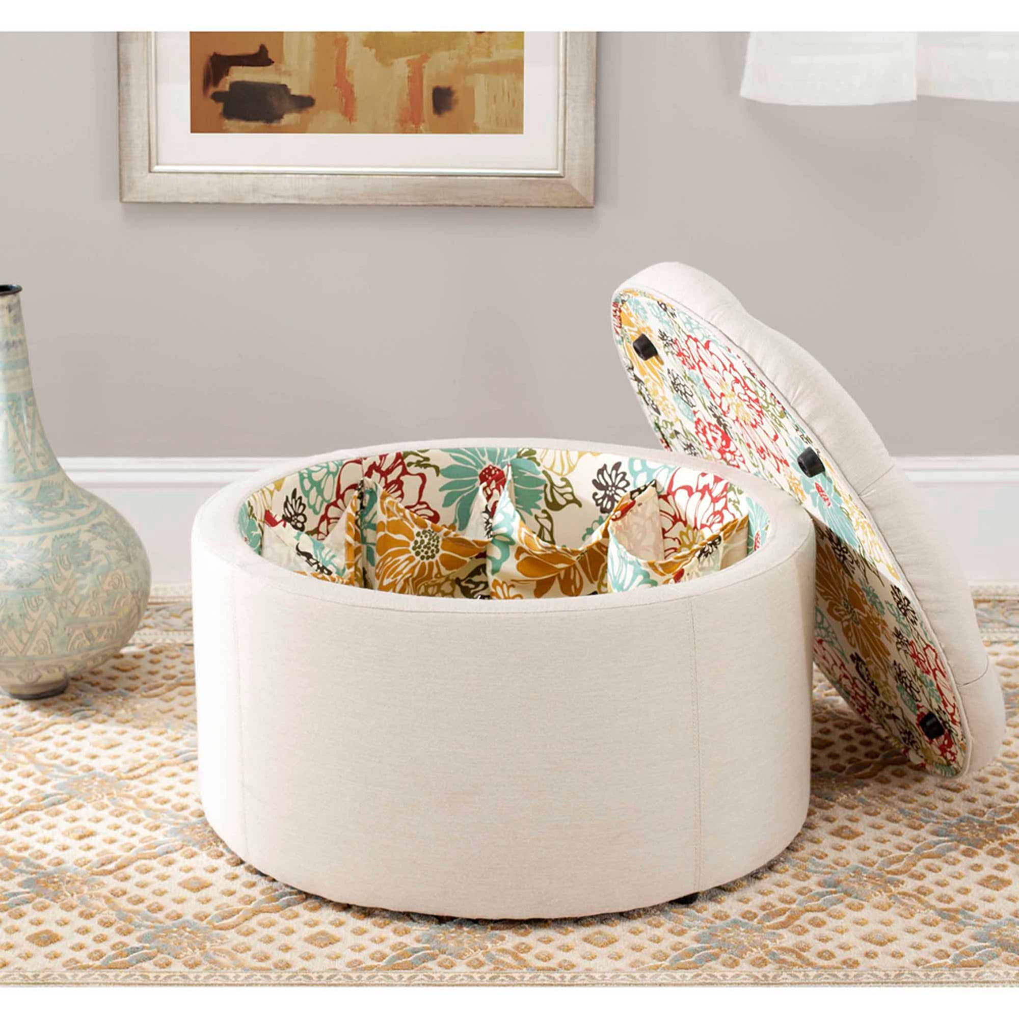 SAFAVIEH Tanisha Round Shoe Storage Ottoman, Off-White/Floral