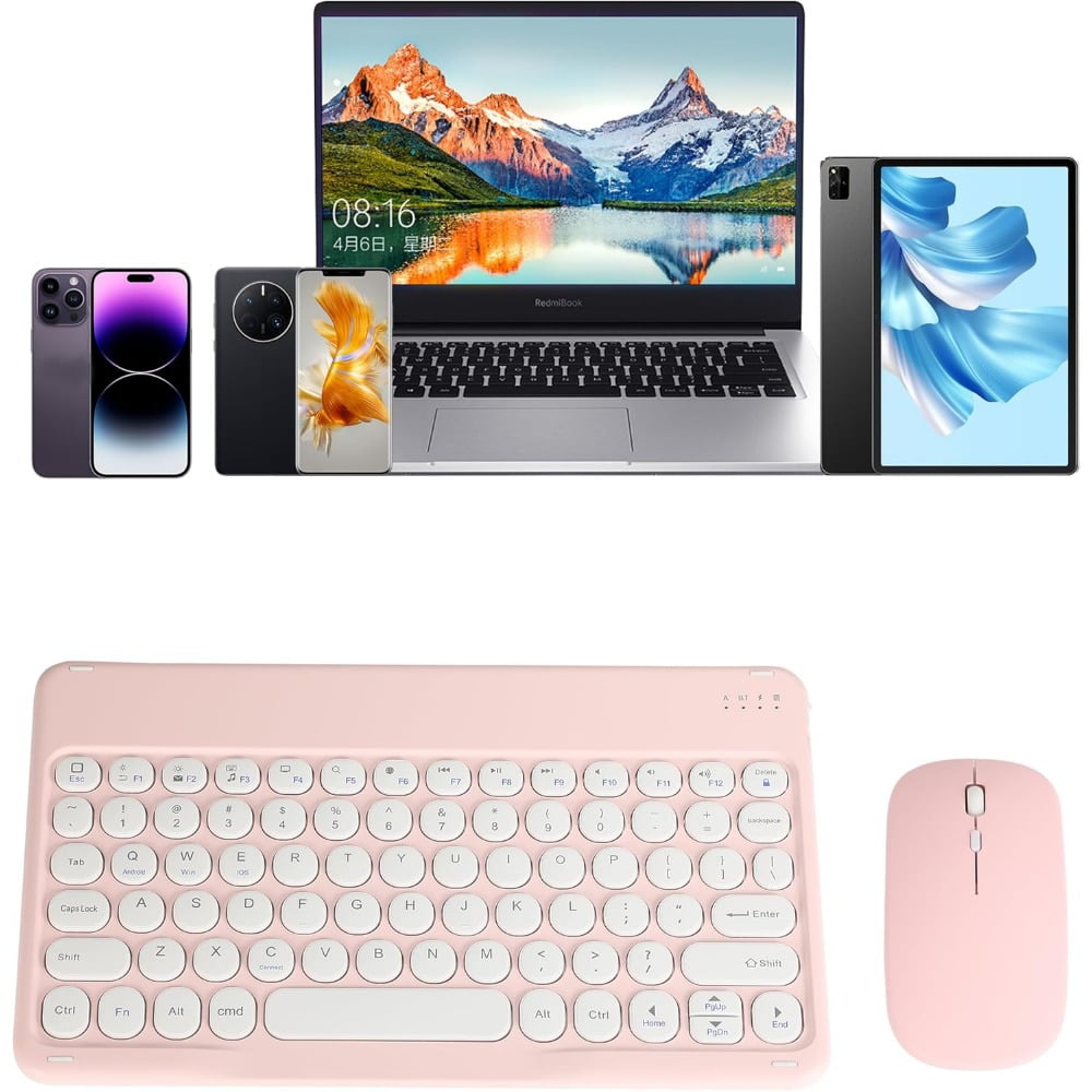Ultra Slim Retro Bluetooth Keyboard and Mouse Combo,Compact Rechargeable Wireless Keyboard and Mouse for iPad,iPad Mini,iPad Air iPad Pro,iPhone,Windows Android Tablet Smartphone(Pink)